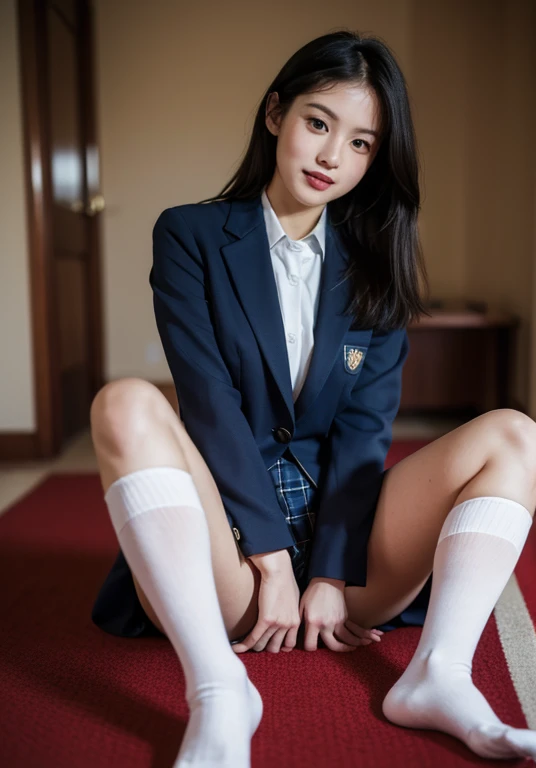 Dark blue high socks majicMIX Real、(Raw photography:1.2)、(Photorealsitic:1.4)、The beauty of beautiful details and delicate facial expressions、((Panties are visible))(Squatting panty shots) Lashes beatiful detailed eyes、huge filesize、ultra-detailliert、hight resolution、Transcendent beauty top-quality、masterpiece、、(Japanese girls' high school uniform))、Very detailed expression Magnificent、finely detail、Highly detailed face movie lighting、16yo girl、front facing、((dynamicposes)))、pleatedskirt、blazers、Sexy upper eyes