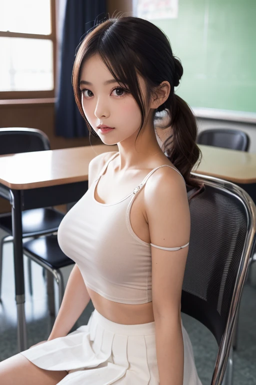 1girl, cute, 16 years old, seductive expression, look at viewer, white spaghetti strap top, yellow short pants, seifuku, photo, realistic, best quality, hires, detailed face, classroom, detailed background, diffused lighting, depth of field, bokeh, armpit, ponytail