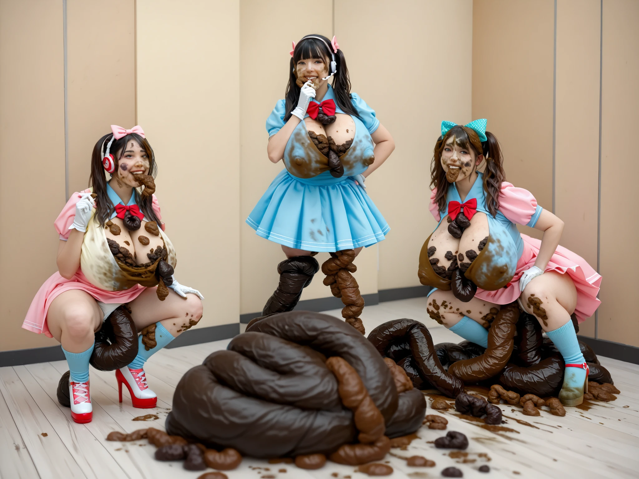 masterpiece,best quality,amazing quality, absurdres, realistic, indoors, stage, strobe lights, ((3 girls)), ((japanese pop idol unit)), petite, black hair, brown hair, pigtails, hairbow, perfect face, narrowed eyes, grin, lipstick, headset, frilly idol outfit, pastel pink dress, pastel yellow dress, pastel blue dress pastel, microdress, puffy short sleeves, short white gloves, petticoat, diaper, thick thighs, bobby socks, ankle booties, high heels, dancing, hand on own hips, knees together, choreography, extremely pooping, ((gigantic feces everywhere, feces covered)), (((gigantic feces all around:1.8))), ((gigantic feces everywhere, feces covered)), ((projectile feces splatter, poop on uniform, poop on breasts, poop on legs)), ((((feces on legs, projectile feces splatter, feces on breasts, poop on breasts, eating feces, feces on face, feces on hair, dirty stained clothes with feces, dirty hair, dirty breasts)))), Defecating from anus, ((covered nipples:1.5)), feces in clothes, ((poop in cleavage:1.5))