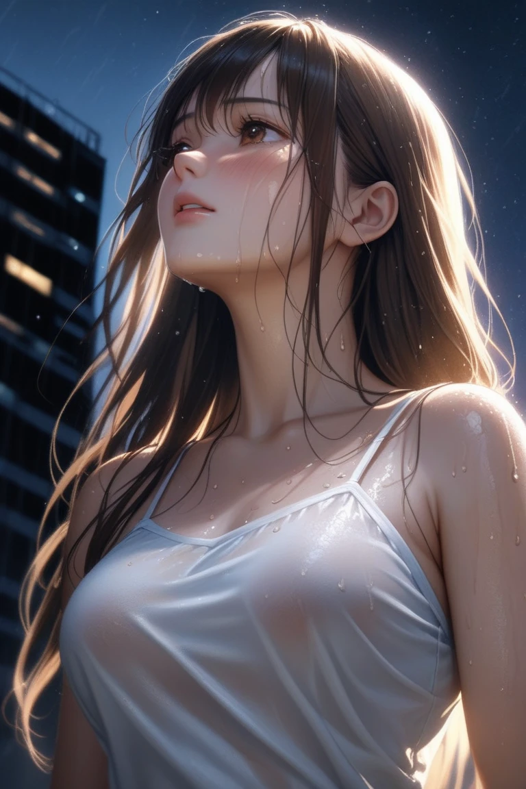 Kaori, Single model, solo, half Asian, half Latino, very long straight black hair, freckles, blushing, wet eyes, long chain pendant, very large heavy breasts, chubby, belly, stretchmarks, (best quality,4k,8k,highres,masterpiece:1.2),ultra-detailed,(realistic,photorealistic,photo-realistic:1.37),detailed portrait, cinematic lighting, natural skin texture, details, dramatic colors, tied up hair, sports wear