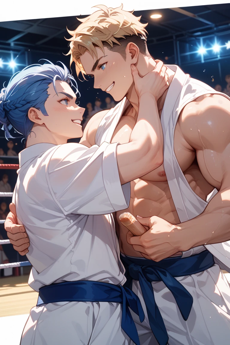 2boys, 15 years old cute short height shota boy and 34 years old handsome large height boxer man,illustration,bishounen,man is boy's father,boy's eye is simple small solid circle eyes,simple line and simple color,shorthair,lean muscler,wearning sumo fundoshi and sumo belt and boxing gloves,sumo battle,short hair, simple color, sumo ring,sumo arena, japan anime style, blue and purple and light green and white,man's body is big damage injury,boxing's clinch,man is hug to boy,height diffrence,man is painful,boy is worry to man,eyecontact,masterpiece, best quality, very aesthetic, absurdres