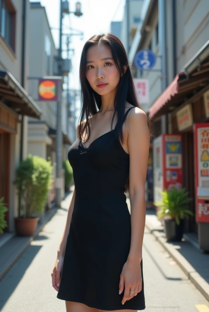 photo of black hair female, natural skin, realistic skin, beautiful refined oily skin, real skin texture, sharp face lines, skinny face, beautiful slim face, black long hair, beautiful dimples cheeks, slim beautiful japanese face, beautiful face, beautiful nose, masterpiece, high resolution, 21 years old, busty female, american mixed japanese ethnic female, exploring the city streets, in a chic jumpsuit and a colorful scarf, candid laughter, holding a camera, vibrant graffiti walls in the background
