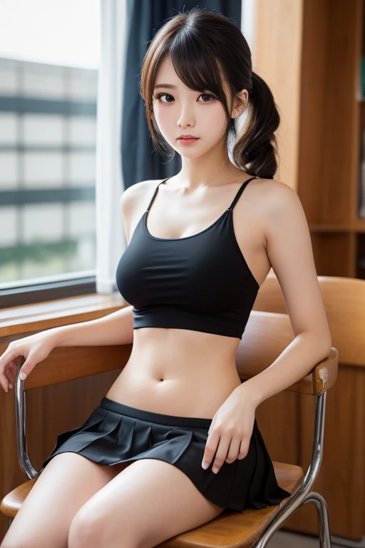 ((draw symmetrically)), ((crouching posture, spread legs:1.5)), ((arms behind back)), Cheerleader, 16 years old, 1 girl, ((collar around neck)), ((sports bra, navel view, pleated micro mini skirt, long socks))