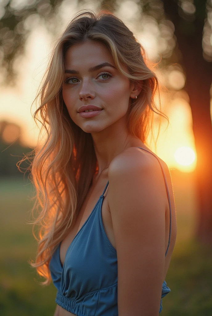With a smile on her delicate face, a young, attractive woman with flowing blond hair. Her full eyes radiate curiosity, as if ready to immerse themselves in every moment of life. Looking at her, you'll notice those lips that invite you to kiss. They form a gentle arch, painted on the canvas of her face. They seem pleasantly warm, as if always ready for a tender embrace or an emotionally charged kiss. Observing her, you see how she plays with the light. The warmth of the setting sun emphasizes the subtle features of her face, making her even more dazzling. She is like a painting that captures attention, and her presence makes you want to freeze time to savor the moment, shimmering with the fullness of life. ultra high res.photorealistic:.1.4, UDH