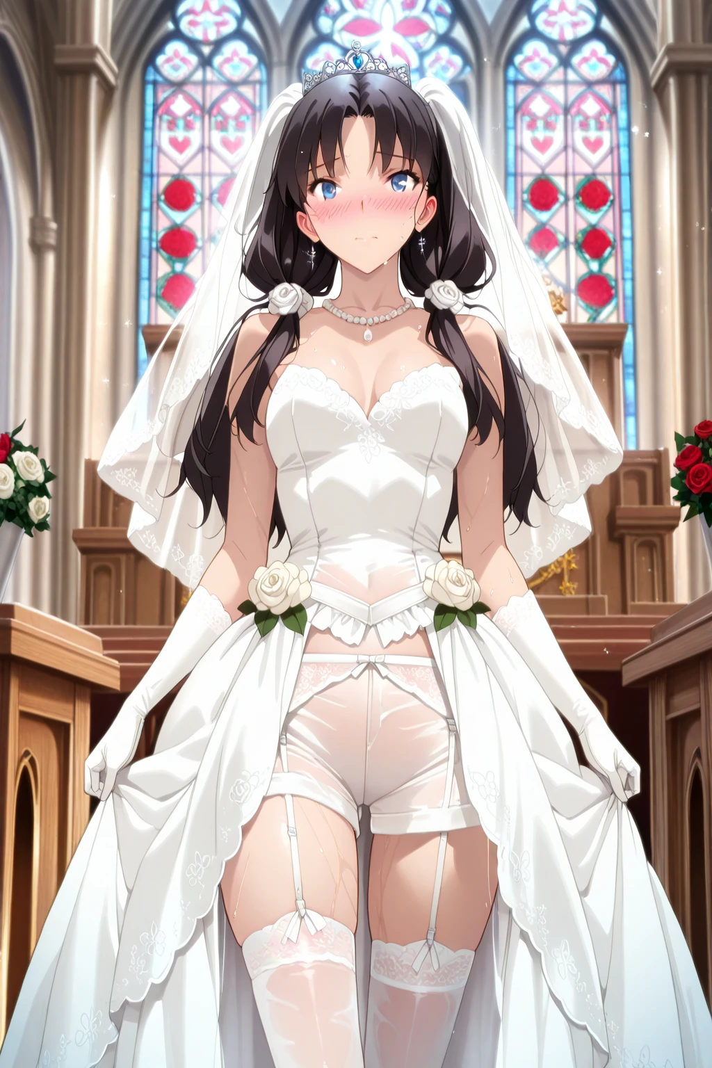 Wedding dress Wedding hall Black Hair tiara Beautiful breasts mini skirt White panties White tights Feeling embarrassed