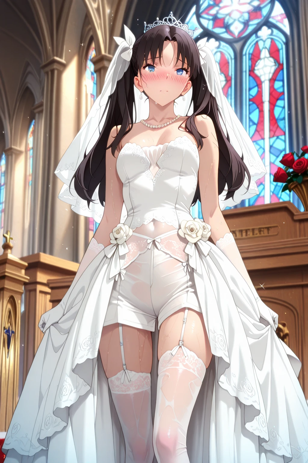 A girl,long hair, Bangs, black hair, Hair between the eyes, (Red eyes:1.5), (Large Breasts:1.2),
rest 锁骨, Wedding dress,veil,wedding,White dress,Flowers,Broken skirt,White socks,Tights,White knee socks,
looking at viewer, whole body,
indoors, church,Standing,Standing,
rest (masterpiece:1.2), best quality, high resolution, Unity 8k Wallpaper, (illustration:0.8), (Beautiful and delicate eyes:1.6), Extremely detailed face, Perfect lighting, Extremely detailed CG, (Perfect hands, Perfect anatomical structure),