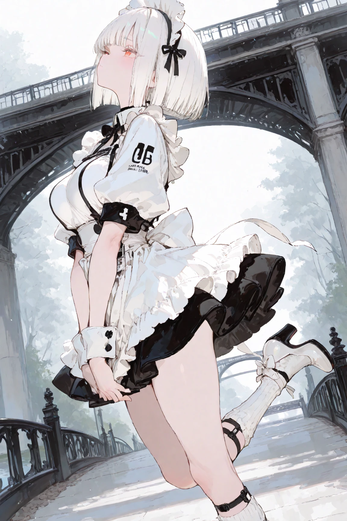 (masterpiece, top quality, best quality), masterpiece, art,1girl, full body, high heels, blue wizard hat, big knockers, thin, white hair, short hair, thin legs, thin body, leather collar, maid outfit victorian, view from below, wide hips, shackles on legs and arms with cow bell attach it to it.