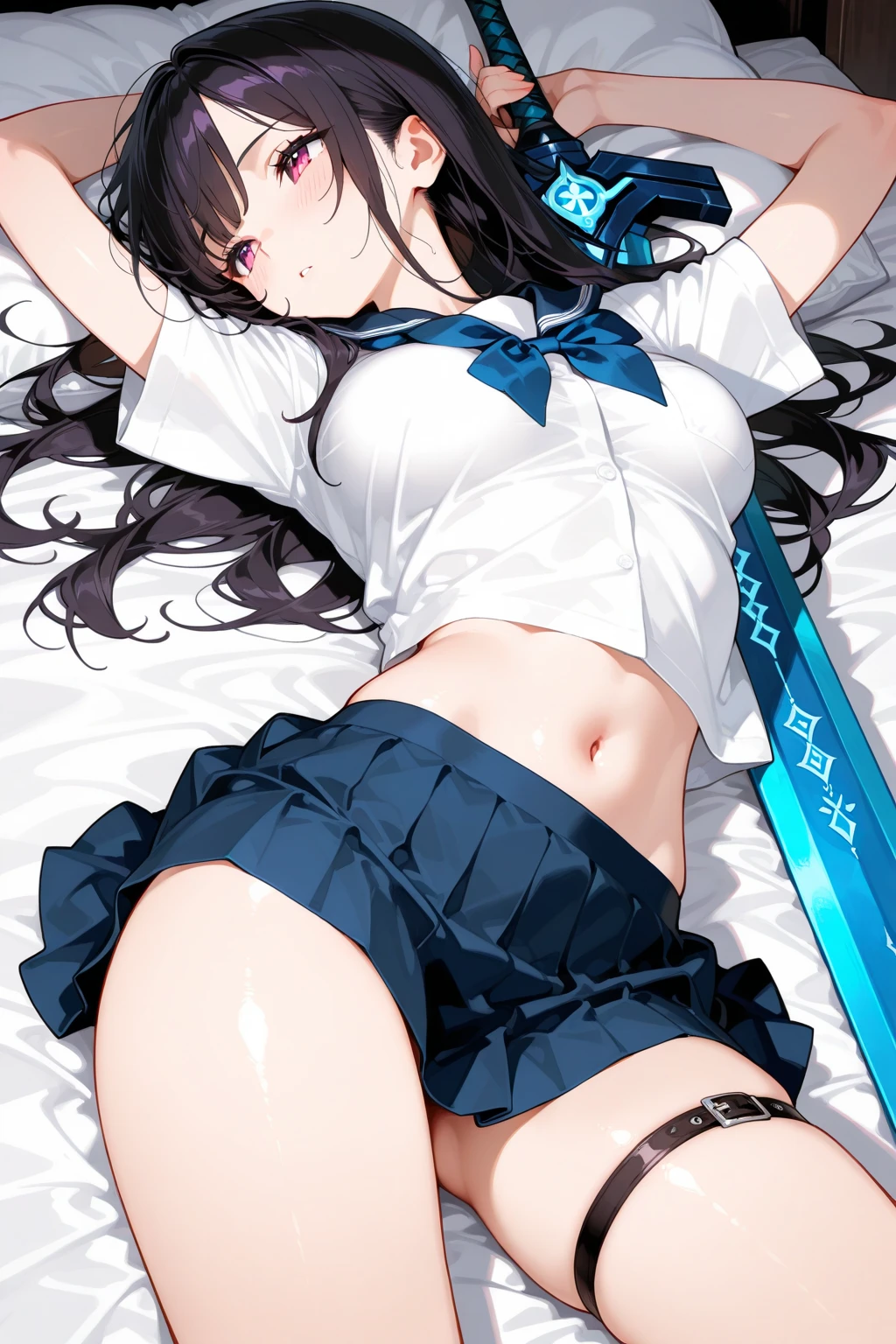nsfw,after rape,((perfect anatomy:1.2,realistic,:1.3,RAW Photography:1.3,masterpiece、highest quality、Ultra - High resolution、High resolution、Highly detailed CG、8K)),cowboy shot,1 female,solo,20-year-old,beauty of japan,beautiful detailed face and eyes,big and gorgeous eyes,dark blue eyes,(black hair,long hair,blunt bangs),(medium breasts,slender body,small head:1.4, skinny), glowing skin,oily skin,kneeling,spread legs:1.4,arms up,((shackles:1.4,white sailor suit,long sleeve,blue sailor collar、Blue neckerchief、white panties、bottomless,barefoot)),(cum in vagina,cum on clothes,cum on body,excessive cum:1.5)、simple bed、Inside the prison、a dark prison、Tokyo、