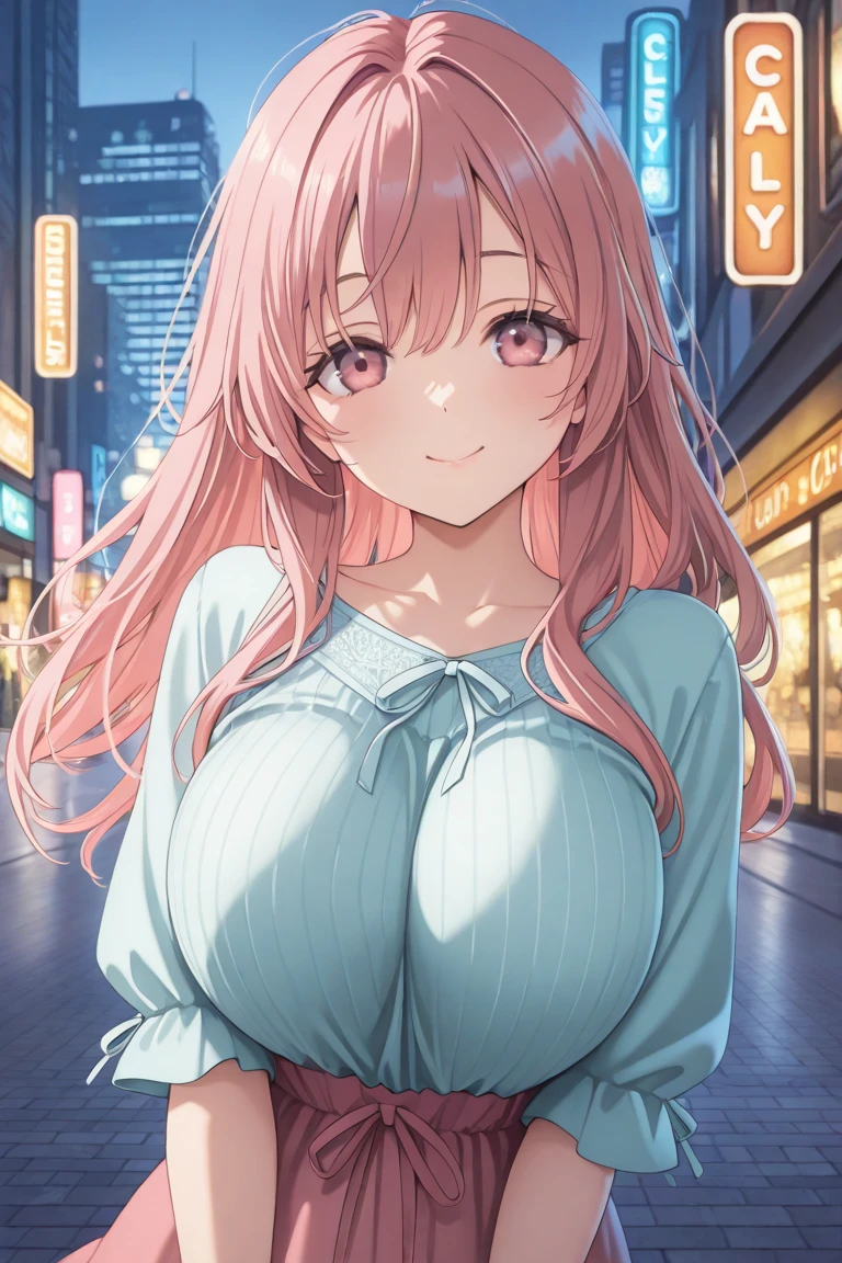 1 girl, 19 years old, Long pink hair, green eyes with slit pupils, master-piece, best quality, (standing up), (short pink lace dress), (spaghetti strapped pink dress, cleavage),  (Big , ultra gigantic , Super super big, Glamorous body), Make eye contact with the camera, front figure, looking forward, (light_Smile:1.5), (Detailed hands and fingers:1.2) (Cyberpunk City), (FULL BODYSHOT), thighs thighs thighs thighs、beauty legs、Bare legs