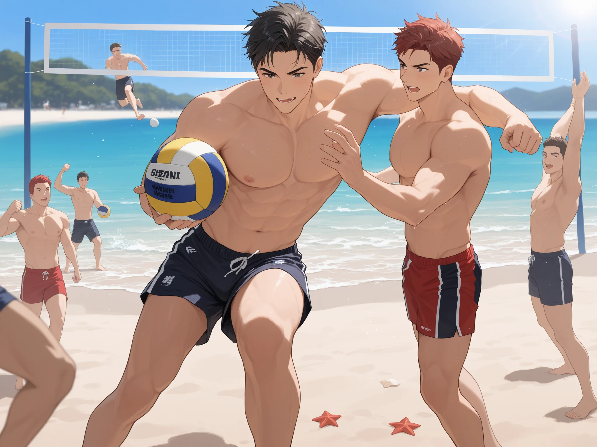 Highest quality、(muscular male:1.3)、(father:0.7)、nipple piercing、4boys、Short Hair、Sports haircut、short hair、Shaved head、Black Hair、Red Hair、Blonde、White Hair、Playing beach volleyball、A fun atmosphere、wide view