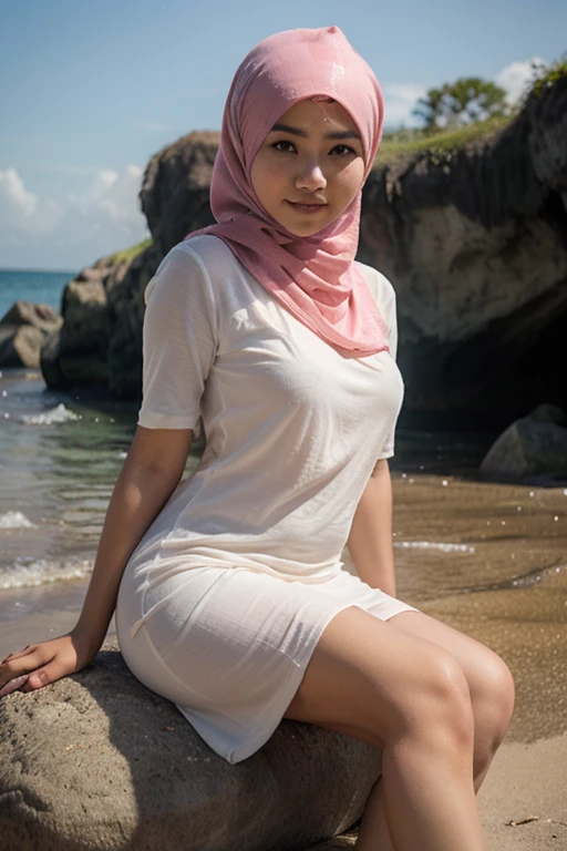 ( Close Up),RAW, Best quality, high resolution, masterpiece: 1.3), beautiful Palestinian woman in hijab, Masterpiece, perfect fit body, Big breasts, thick thighs, beautiful big eyes, mole under the eyes, long eyelashes, big eyes, beutifull face, Soft smile,  woman in a red hijab standing on a beach, wearing red floral chiton, wearing floral chiton, flowery, flowery dress, wearing a long flowy fabric, floral clothes, colourful pastel, floral!, Soft turtleneck, Great lighting, Bright colors, Clean lines