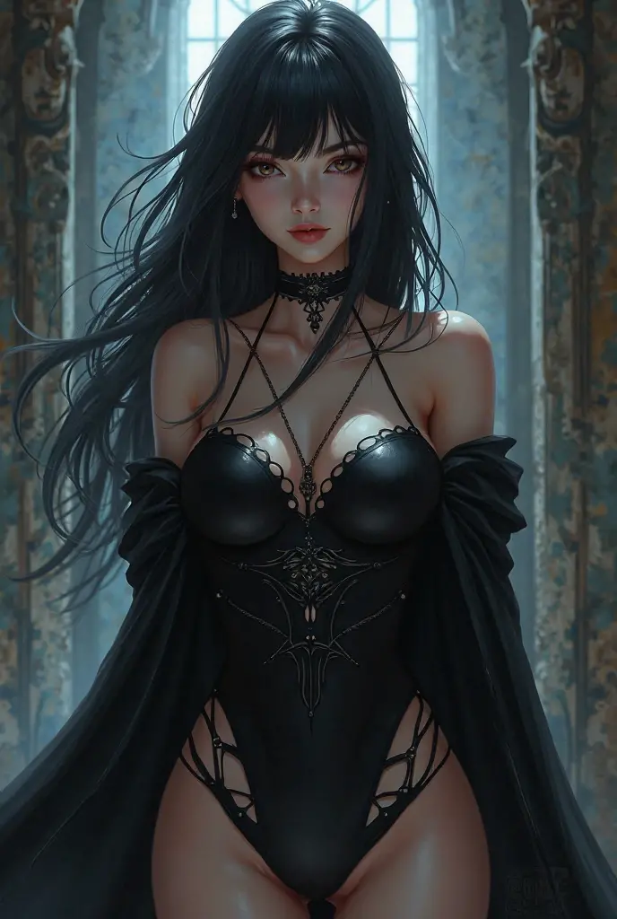 highest quality, ultra high resolution, super detailed, gorgeous, masterpiece, best quality, high resolution finely detailed, distinct image, finely detailed, hourglass figure, immaculate and alluring body shape, 17 year old, 1 girl, solo, sharp facial features, oval shaped face, high-bridged nose, arrogant and smug expression, cherry red lips, dark velvet colored eyes, medium height(175cm), slim curves, toned body type, flowing waist length hair, sleek dark violet-black hair, narrow waist, long slender legs, modern city setting, flawless lightly tanned white skin, frilly off-shoulder blouse, long pleated skirt, E cup breasts