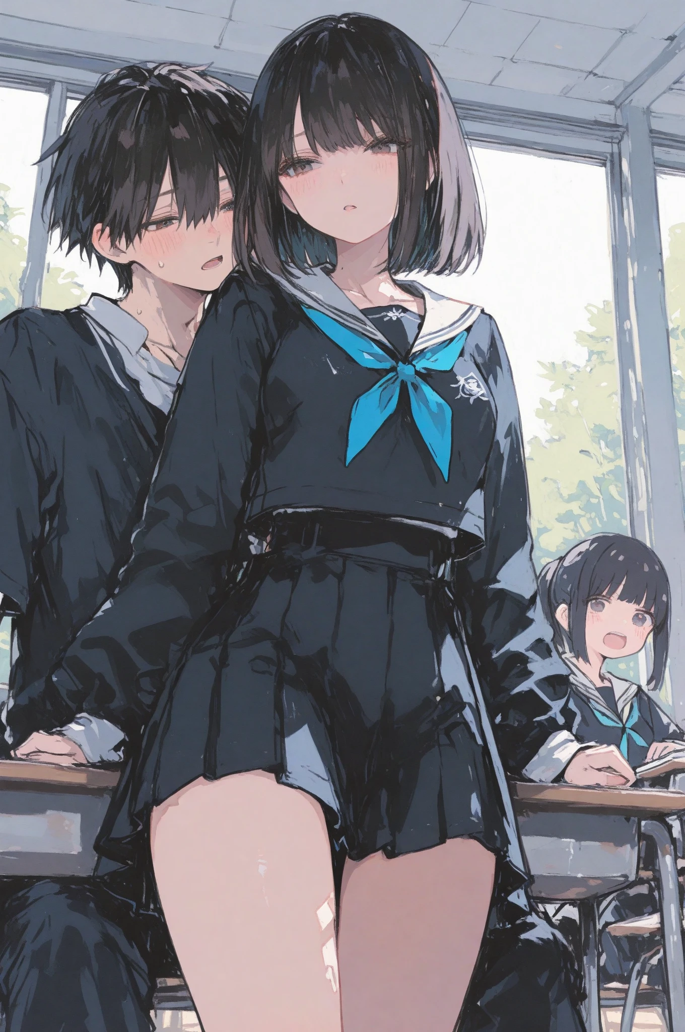 (master part), (best quality), Alto, ((((1 girl she has gray hair with blue eyes and 1 boy he has short black hair with red eyes which are classmahey they have different hair and eye colors&#39;don&#39;t confuse)))), (draws Kei and Kiyotaka Ayanokoji are looking), (2schoolmates who are Kei and kiyotaka ayanokoji looking at each other),  (Kei1), (1girl), sozinho, ((((Ela tem olhos azuis)))), (ela tem cabelos compridos), (Ela usa uniForme escolar), (ela tem fita), (ela tem franja), 鎖骨, Ela tem cabelos grisalhos, ela tem faixa de cabelo preto, she has a ribbon around her neck, cabelo entre os olhos, She has medium breasts, cowboy shot, She is looking seriously at Kiyotaka Ayanokoji,  anatomicamente correto corpo inteiro,  parado na rua com chuva caindo, isso com uma cara triste e preocupada, completamente teimoso e desesperado, (1st grade), (Kiyotaka Ayanokoji), 15 anos, school uniform white shirt black jacket open jacket red tie long black pants sitting, (((((ele tem olhos vermelhos))))), ((ele tem cabelo preto curto)), corpo inteiro anatomicamente correto, he has a Jesus necklace around his neck,  pernas normais, usa sapatos pretos, ( is he looking at Kei1 or the girl), ((He's in front of Kei wanting to give her his black jacket so she doesn't get wet so much)) ,  Kena&#39;s emotional illness), (misterioso), (Detailed full scenario), (((((They are drenched in lots of passion and hugs))))), ((((They are being wet by the rain along with their clothes)))),  ((Their bodies are anatomically correct and detailed without errors))