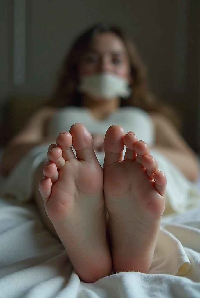Female foot with sock coming off the foot , beautiful and sensual , on the bed , nails without nail polish