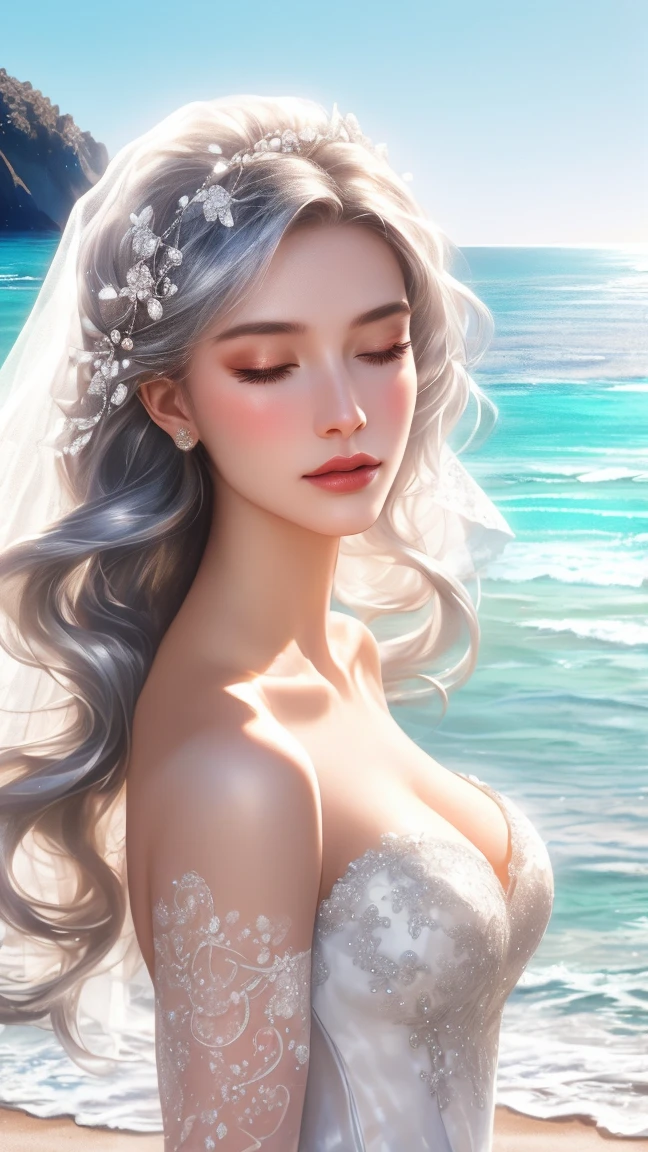 The wind gently wraps around your long flaxen hair
Girl has a white bouquet on her chest