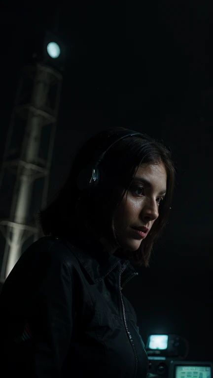 Une belle femme de 22 ans, avec des cheveux longs noirs, portant un casque cyberpunk surdimensionnés, elle est dans une grande salle devant la foule en train de mixer un son de festival