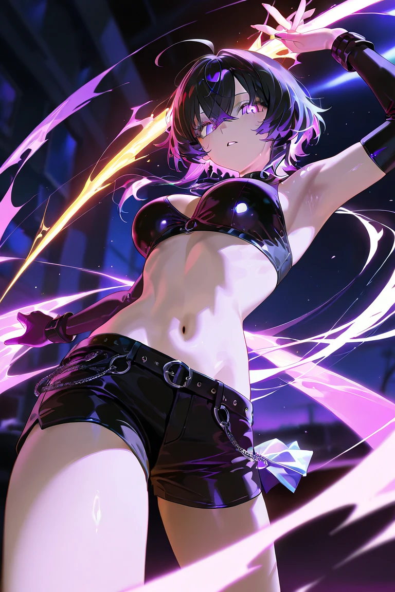 (((masterpiece,Highest quality))),(((A male anime character with a multi-colored, spiky hairstyle, sunglasses, and a somewhat revealing patent leather jacket and Visual Kei outfit.))),((Wearing a small hat at an angle)),(((Sticking out tongue))),Focus on the whole body,(high quality),アニメ,rainbow highlights hair,streaked hair