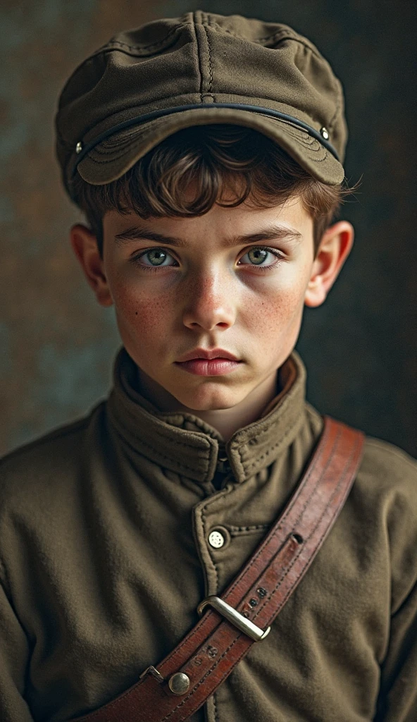 A haunting portrait of a young European boy, flat cap, short blond hair, blue eyes, poor, happy, smiling, Focus on realism and intricate details to capture the unsettling nature of his appearance. Depict his eyes, dirty skin, and school uniform in vivid and precise detail, using shading and textures to bring the image to life. Upper body shot