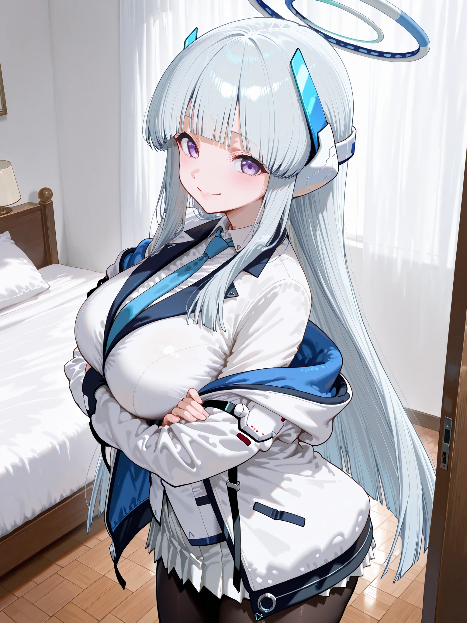 生塩ノア,
score_9, score_8_up , score_7_up , score_6_up , score_5_up ,
(masterpiece, best quality),ultra detailed,
megami magazine
BREAK
long hair, headgear, mechanical halo, large breasts, blue necktie, white shirt, off shoulder, white jacket,long sleeves, white skirt, pleated skirt, black pantyhose,
noa ushio, purple eyes, grey hair, blunt bangs, long hair, sidelocks,blue necktie, halo, headphones, long sleeves, mechanical halo, necktie, pantyhose, shirt, skirt, suit, two-sided fabric, two-sided jacket, uniform, white jacket, white shirt, white skirt, white suit,
simple background, indoor, bedroom,wood floor, white wall,
1 girl, nsfw,
((solo)),(from side),
medium-large breasts,
standing, crossed arms,
looking at viewer,
naughty face