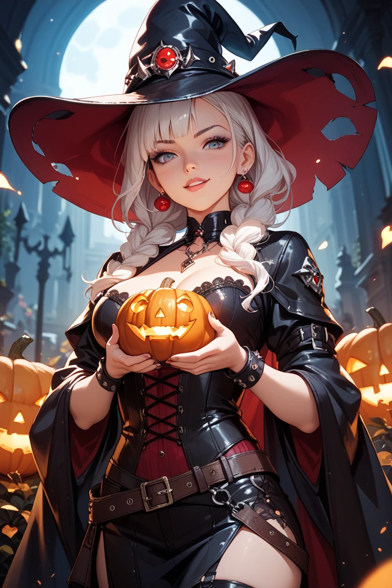 Conjure an eerie Halloween night in a steampunk world haunted by the ghostly apparition of Leonardo AI, where jack-o’-lanterns are powered by flickering steam bulbs and brass spiders with glowing eyes skitter across cobblestone streets. enormous breast