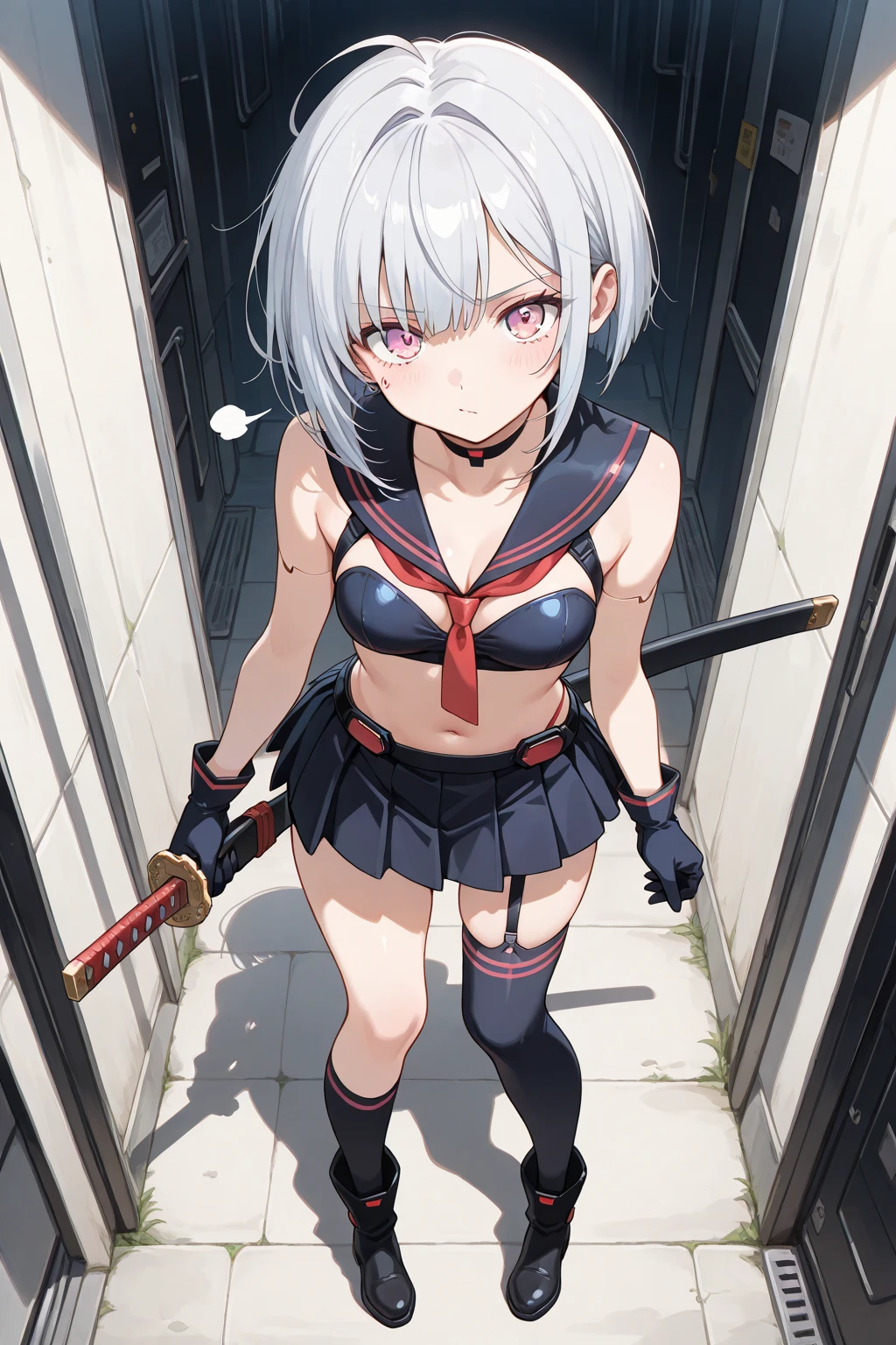 Girl with a Japan sword、Round, black eyes、Bloody white shirt、A girl covered in blood after being splashed with blood. She lifts her skirt with both hands.、Showing off cute white underwear.、Black garter belt、Black rough fishnet stockings、Plain white shirt with red tie、Plain white shirt covered in blood、Standing posture、Bloody Abandoned Factory
