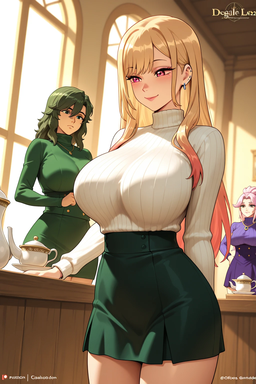 2heads, a very tall skinny woman with 2 heads. Working behind the counter at the register at a coffee shop. Wearing green apron with store logo, wearing worker uniform. Cleavage. Mature, milf. Messy long white hair. Thin face, cute face. Smiling. Blushing. Thick eyeliner. Eyeshadow. Baggy eyes. Extremely tall. Freckles, many freckles. Covered in freckles.
