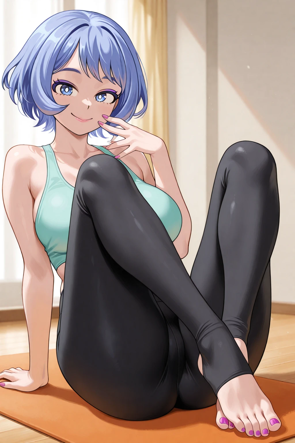 best quality, masterpiece, high quality, insanely detailed, ichika nakano, one-piece swimsuit, breasts, pantyhose, blush, smile, in the living room, leg spread
