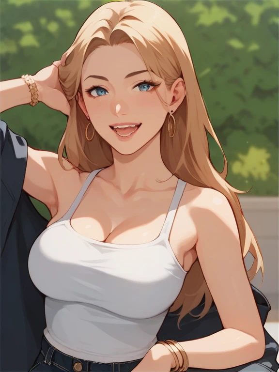 A 23-year-old blonde woman, ((pechos grandes)), ((hiperrealismo)) ,. blonde hair with light brown roots. cabello rubio, Hair with brown roots, cabello extra largo, cabello muy largo, really long hair, Beautiful, Front view, selfie, photo taken with camra, elegant black shirt with escote, escotada, selfie in the garden, high quality, selfie camra, cleavage 1girls, ,,Simper smile, High-definition image, a woman, her hair adorned with glowing fireflies, eyes shimmering with enchantment. Dressed in a gown made from woven moonlight, she stands in a mystical forest where trees come to life. The scene, bathed in the ethereal glow of the fireflies, captured in the style of a magical forest artwork., (masterpiece, best quality, official art,intricate details:1.2)