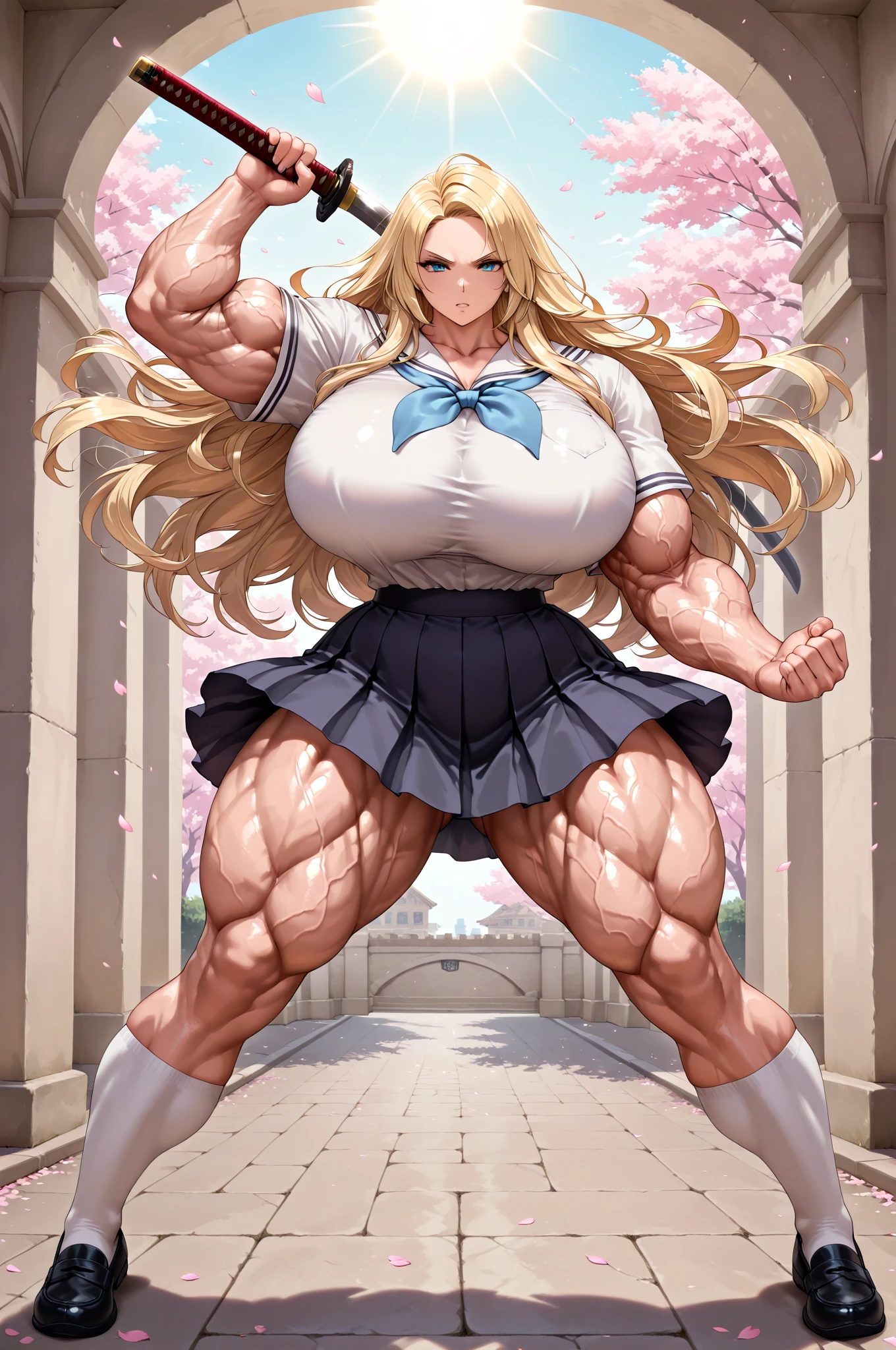 Masterpiece, (full body picture:1.4), solo, 1girl, (blue futuristic castle in the background:1.2) , action pose, dominant female, soft gaze, TenjouinAsukaDef, long hair, smile ,bangs, blonde hair, large breasts, brown hair, hair between eyes, brown eyes, very long hair, straight hair, skirt, shirt, bare shoulders, , white shirt, sleeveless, shiny, belt, miniskirt, shiny hair, blue skirt, sleeveless shirt, turtleneck, duel academy uniform (yu-gi-oh! gx), tenjouin asuka, muscular, Hyper muscles , (huge muscles:) , (big shoulders, big biceps, wide hips, big thighs, muscular legs, big calves: ) (big breasts:1.4) , full body picture, posing, gigantic sagging breasts,