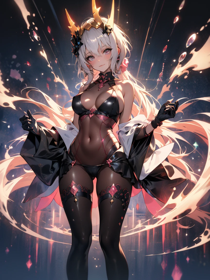 nakedtape, 1girl, solo, cowboy shot, thighhighs, detached sleeves, gold trim, 
(mature, petite:1.2), flat chest, linea alba, mouse ears, mouse tail, mouse girl, (slicked-back hair, parted bangs, (colored inner hair:1.2), (Rose gold hair, Strawberry blonde hair, Platinum blonde hair, black hair):1.2), (snow white eyes:1.2),