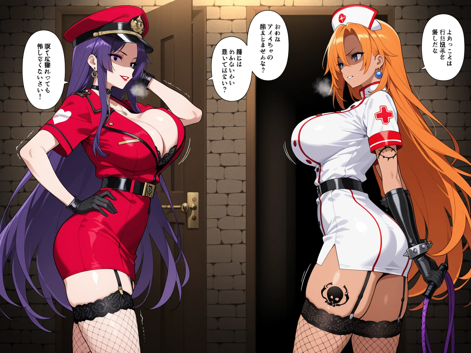 3 beautiful fit women with big tits and small ass, Wearing sexy halloween outfits (nurse, police outfit, cheerleader) , Night Club in a private room, sitting on a bed, cleavage, bra showing, seductive face, horny, holding breasts, tongue out, stripping slowly, inviting viewer, hot,