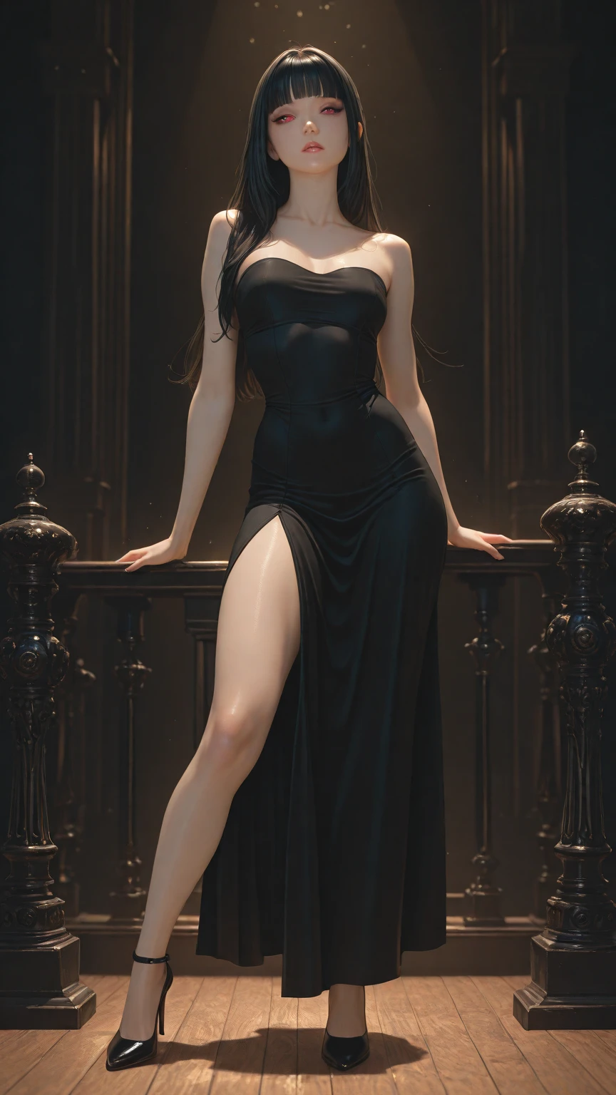 (solo), A very beautiful and sensual girl wearing an evening dress, in a large party hall, full body, jewelry, long hair, messy hair, deep black hair, cowboy shot, (masterpiece:1.1), (best quality:1.1), (Vivid colors:1.1)