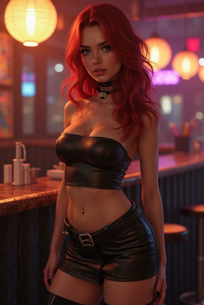 In the dimly lit, cyberpunk environment, a stunningly beautiful woman with silver-ginger hair, cascading in soft waves, takes center stage in a captivating half body portrait. Her lush lips are painted a bold red, mirroring the neon lights of the futuristic cityscape beyond the frame. Draped in an ultra-thin, ornate chiffon cheongsam with a thigh-high slit, she exudes an air of sophistication and allure.

Her head is slightly tilted to the side, framing her delicate features and highlighting the subtle yet sophisticated makeup that adorns her face. The woman's hair, bathed in vol