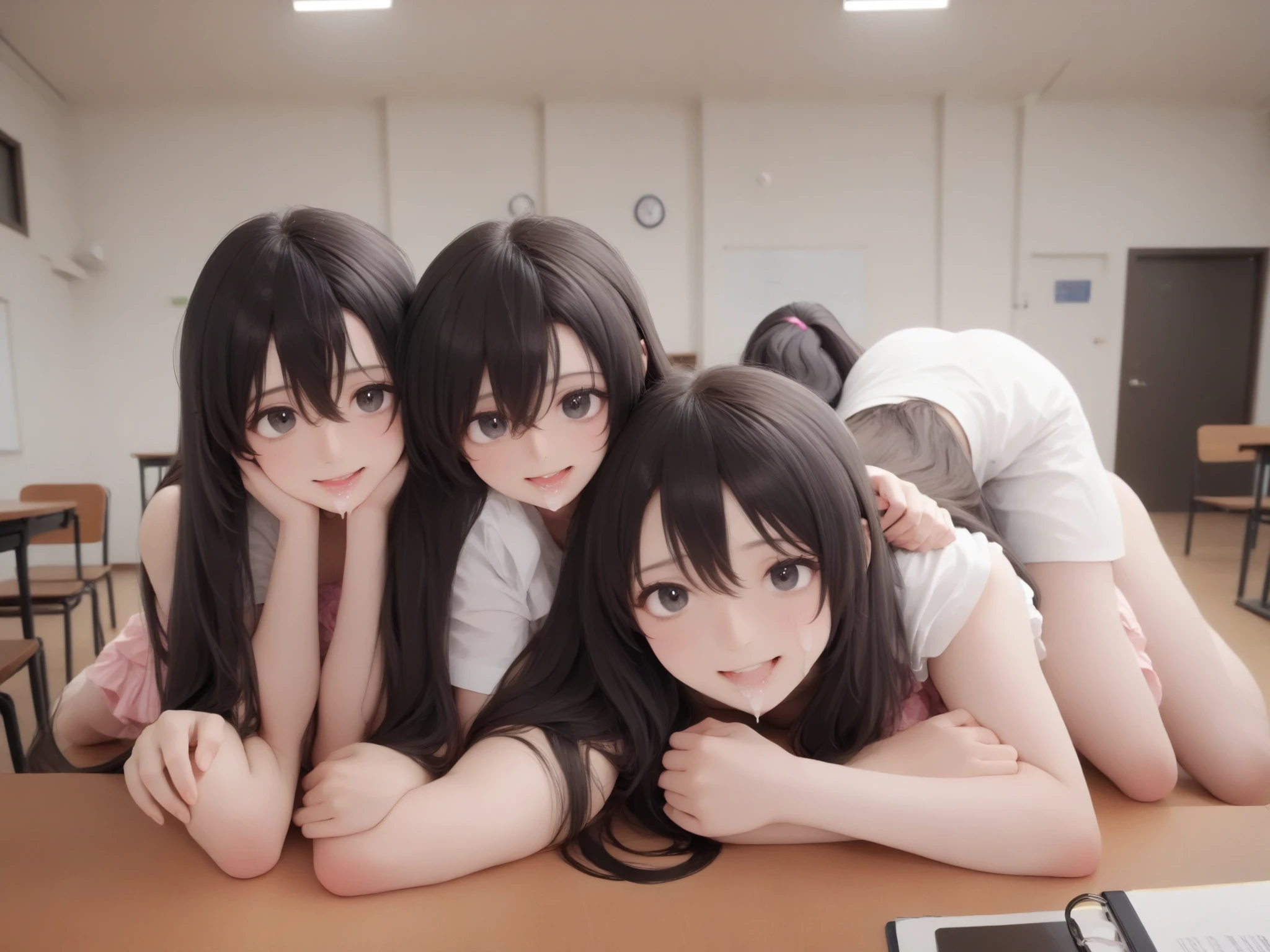 (((masterpiece, Highest quality, High resolution, 超High resolution, Pixel perfect, Written boundary depth, 4K, RTTX10.0, High resolution))),A group of fully nude teens kneeling in a row on a bed, exposing their crotches to each other,