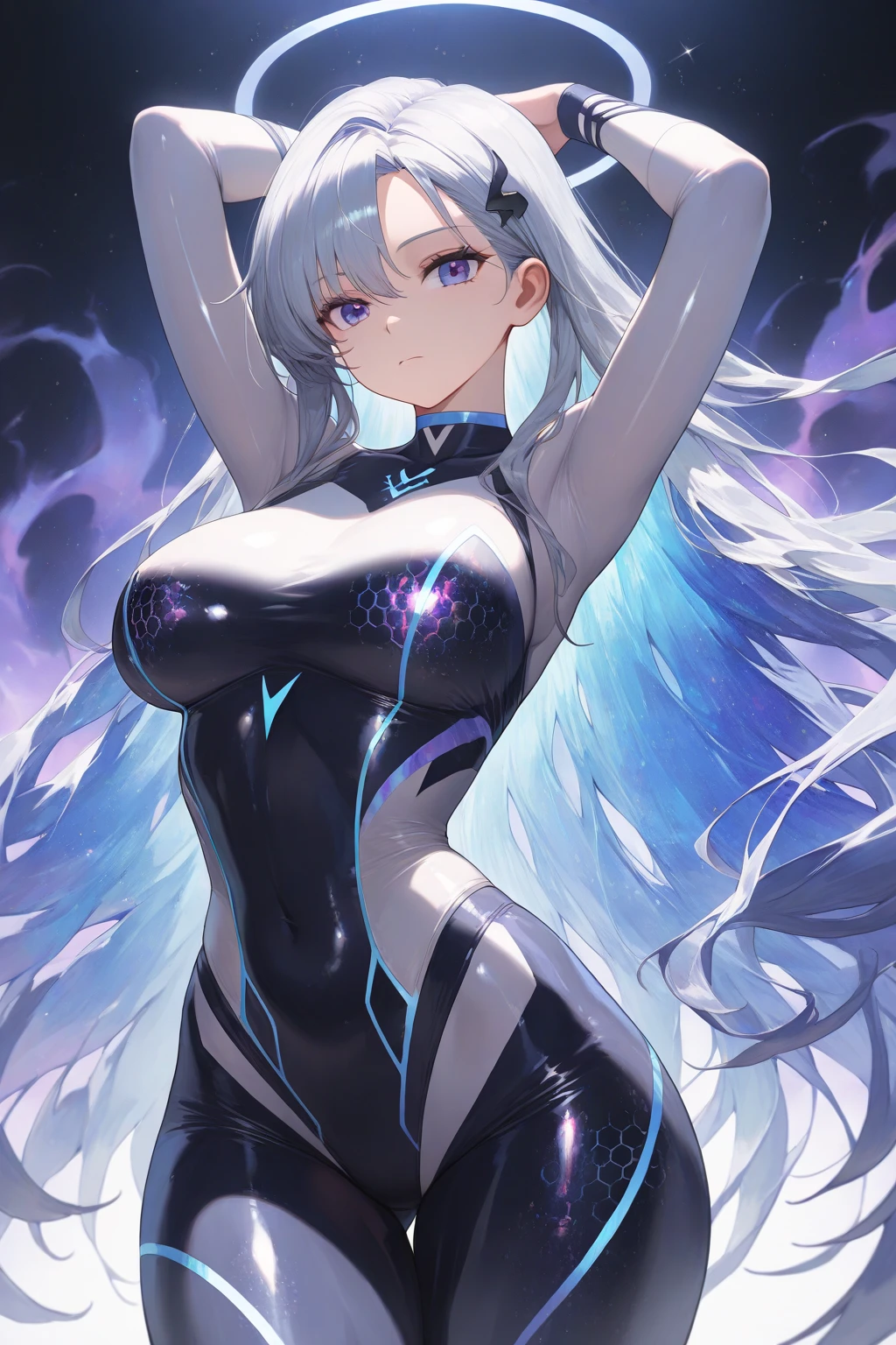 1girl, white hair, large breasts, breasts, thick thighs, wide hips, red eyes, bodysuit, black bodysuit, pantyhose, long hair, light smile, happy, science-fiction, tech, futuristic, black pantyhose, thighhighs, neon, machinery, hair ornament, ornament, neon trim, anime style, 2d, anime screencap, shoulder armor, blue neon trim, hip sway, swaying hips, bouncing breasts, arms behind back, hands behind head, arms behind head, arms up, me!me!me dance \(meme\), dancing, dance