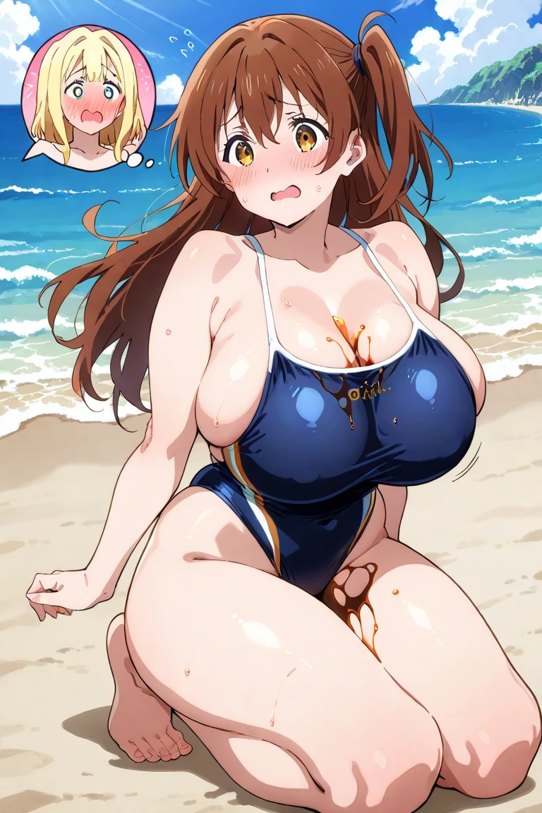 A Cute Girl, with (Excessively Extremely Overinflated, Absurdly Enormous Breasts: 1.69), Big Cleavage, (Extremely Enormous Thighs: 1.69), (Very Wide Hips: 1.4), (Incredibly Enormous Butt: 1.2), ((Lush, Long-ish Dark-Brown Hair)), ((Big Beautiful Blue Eyes)), Wearing a (Red Bikini), at the Beach, Beautiful Ocean view in the background, (Ridiculously exaggerated Chest and thighs: 1.5)