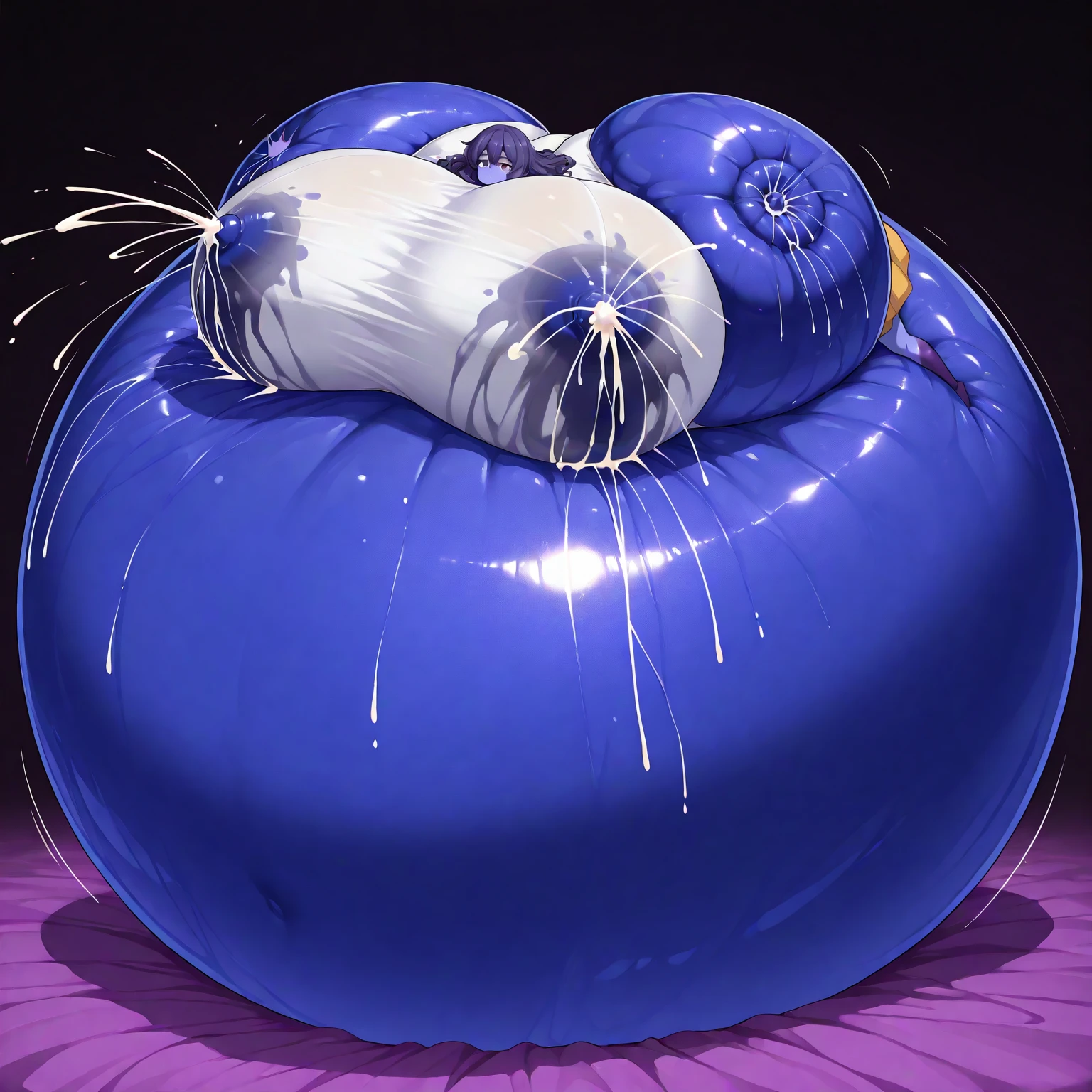 <lora:blueberry_inflation_v1-2-000060:1.0>
open hand, (covered nipples)
(solo, 1girl:1.2),
hyper_blueberry_inflation, spherical_inflation,
(tank top, shirt:1.15), black panties, gigantic breasts, breasts apart, 
taut clothes, 
(lactation through clothes:1.15), pussy juice puddle, blue juice, 
colored skin, blue skin, purple skin, 
surprised, shocked, notice lines, trembling,
full body,
simple background