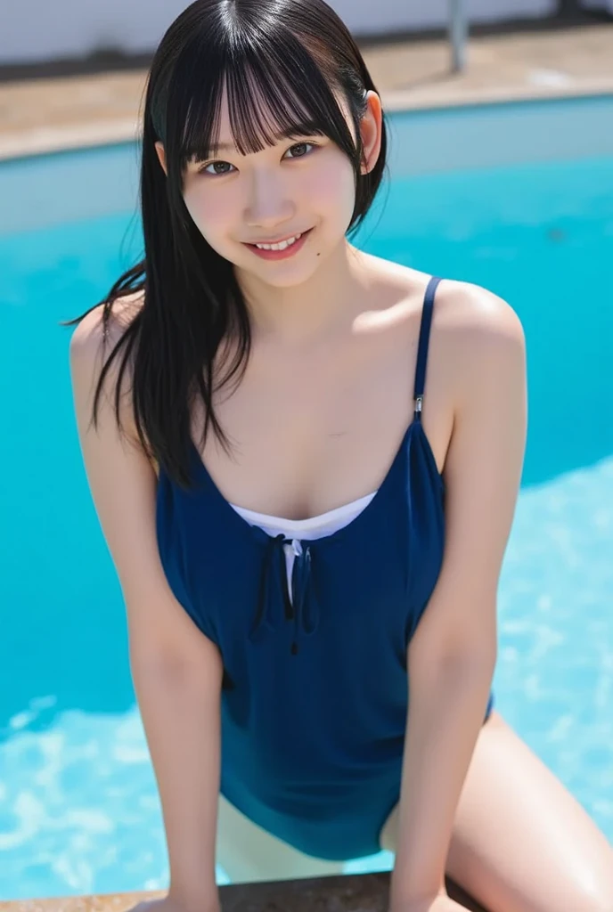 Japanese girl, high school student, young face, idol, smiling face, black hair, twin tails, blue ribbon hair ornament, blue and white floral bikini, necklace, white sandals, immersed in the water&#39;s edge, beach, palm trees, resort island, blue sky and white cumulonimbus clouds, nostalgic scenery, summer scenery