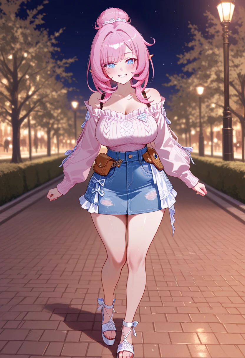 <lora:flatcap3-10:0.6>, (flat cap), large breasts, wide hips, jacket, hood down, smile, lips, hoodie, shorts, night