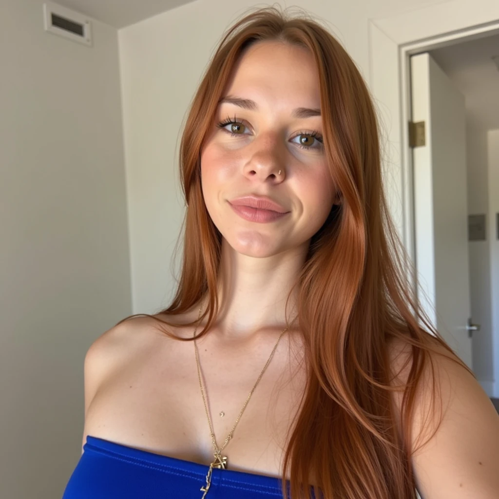 a woman, best quality, hazel eyes, middle part long auburn hair, torso head picture, blue clothes, nikon d850 film stock photograph 4 kodak 400 camera f1.6 lens rich colors hyper realistic lifelike texture natural lighting trending on artstation cinestill 800, (100mm lens), mature face <lora:paula_eal_v7:1>