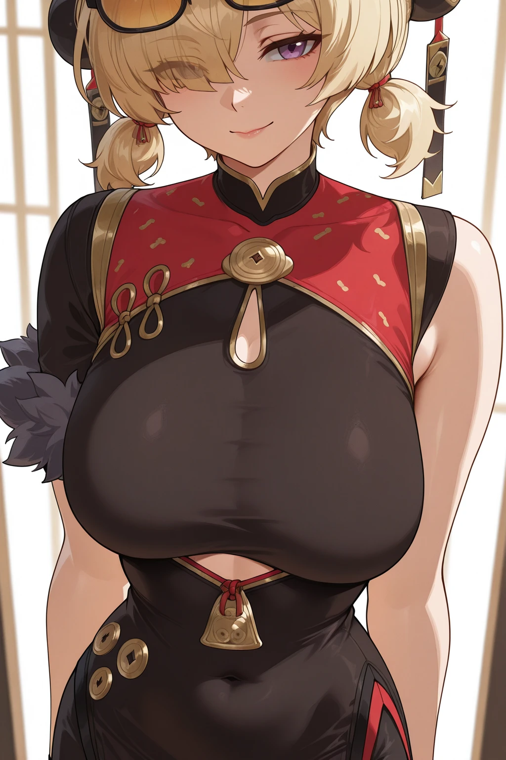 1 girl, game CG, white cheongsam, cleavage visible, short cheongsam, gigantic breasts, blonde, middle hair, side ponytail, green eyes, smile, open mouth, breast hold, outside,