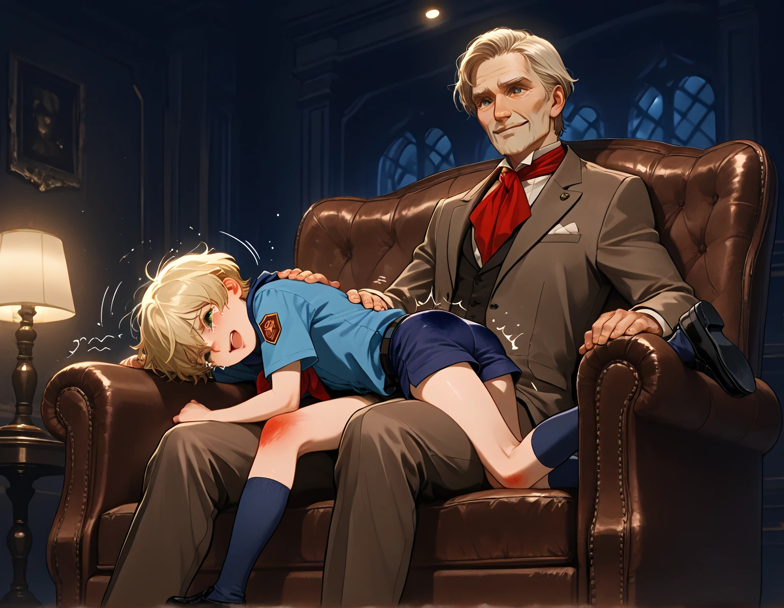 (nsfw:1.5),((One girl, 1. A strong old man)), (Skirt flip:1.4), ((Old man grabs woman's waist)), The old man laughs evilly, Huge breasts:1.7, Anime cel painting style, Highest quality, High resolution, Huge breasts:1.8, good, High leg panties,blue eyes, Purple Hair, bangs, Side Ponytail, hair ornaments, Embarrassing, fear, blush, View Viewer, whole body、(((Completely naked:1.8)))、He is moving his hands violently to his crotch