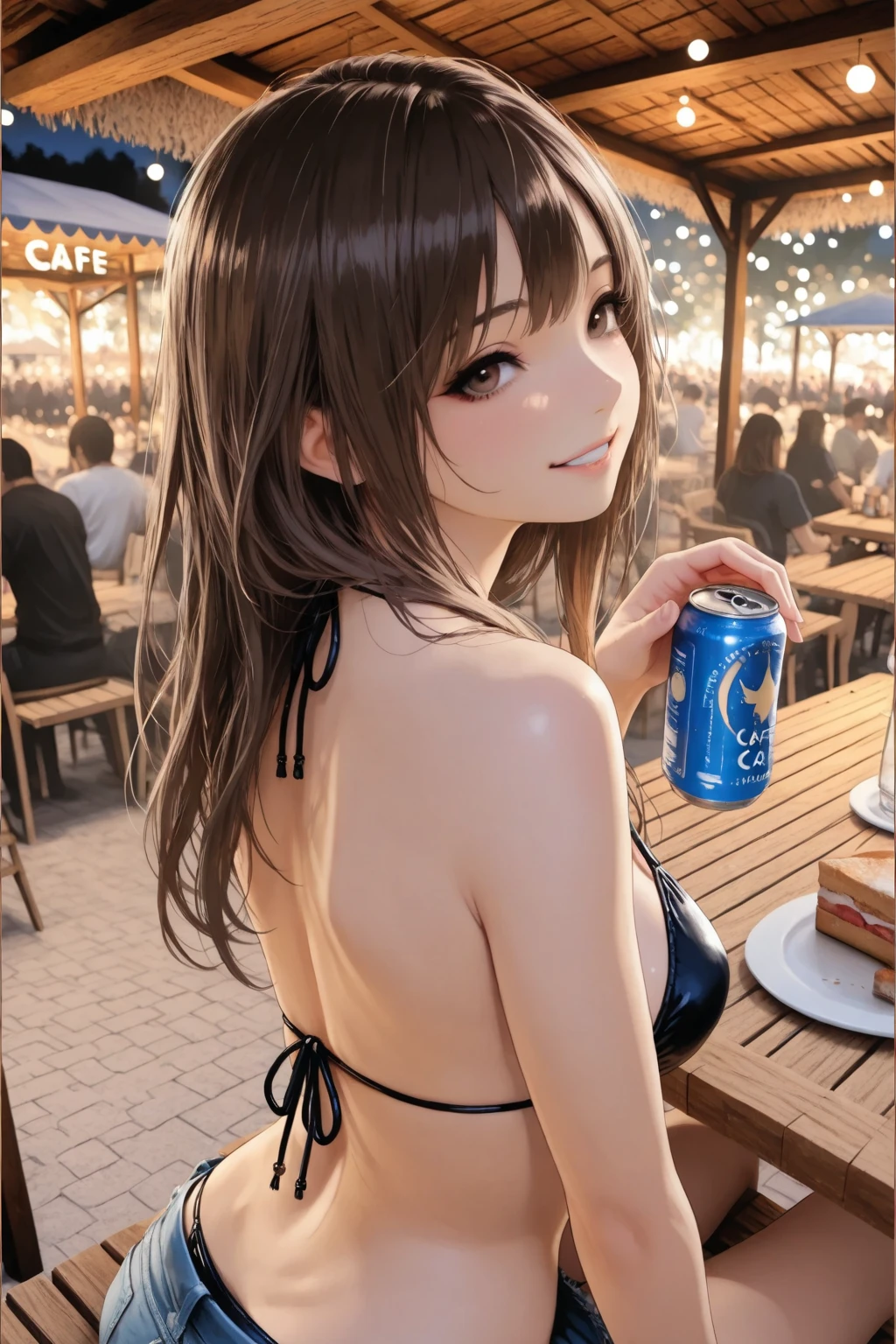 (((masterpiece, highest quality, High resolution, 超High resolution, Perfect Pixel, Depth of written boundary, 4K, RTTX 10.0))), Beautiful Anime Woman, Beautiful art style, Anime characters, ((Smooth texture, Realistic texture, Anime CG Style)), Exact finger count、Exact number of legs、(Exact number of arms:1.0, Exact number of hands:1.0), (Perfect hands, Perfect Anatomy), Cinematic, Realistic, Extremely detailed CG, Daytime lighting, Perfect lighting, Best Shadow, The best natural light, whole body, Perfect body, (Slender body:1.2), ((Long Hair, bangs, Dark brown hair, Stylish hairstyle, Bobcut)), ((1人のcute女性は飲み物を手に持って歩いて運んでいる, Back view:1.6)), ((Alone:1.0)), beauty, cute, ((セクシーでcute水色下着:1.3), (Stylish shiny light blue satin panties, Side-tie panties:1.3), (Thin panties:1.3), (Light blue micro lace satin bra, Thin bra:1.3):1.3), (Beautiful little ass:1.2), (Beautiful and thin thighs:1.3), Feeling embarrassed, (blush:1.2), (Very embarrassed look:1.4), Troubled expression, (At an outdoor amusement park, There is a Ferris wheel and people having fun behind it.々:1.3), naked, In underwear, Waitress in underwear, Maid Headband, whole body, (Underwear waitress carrying drinks:1)