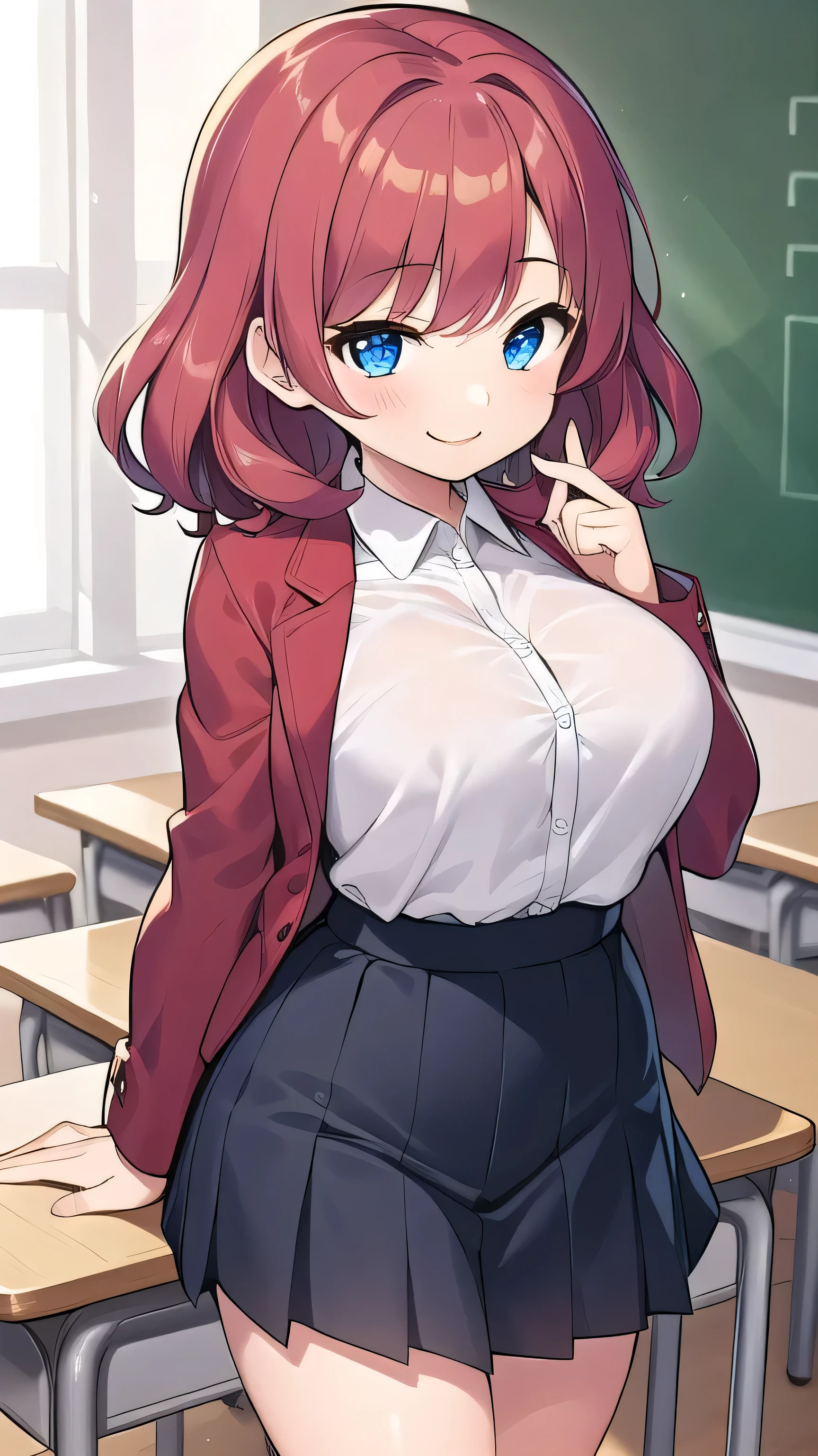 Big breasts, red hair, blue eyes, droopy eyes, red jacket, long sleeves, (navy skirt:1.1), elementary school student, super big breasts, (medium hair: 1), baggy clothes, elementary school student, young face, short height, 10 years old, old, shy Agari, smiling a little, trying to unbutton his shirt in the classroom, white shirt, soft hair，straight hair , kind smile