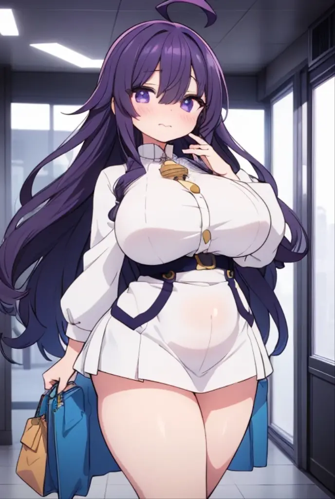 (masterpiece), (highest quality), ((Super detailed))、(super delicate)、Cute naughty female blacksmith、Pastel colors hair、(huge breasts:1.2, Thighs:1.2, thick legs:1.2, curvy:1.2, tall stature:1.3, massive fat thick unnatural belly)、Gorgeous、purple eyes, (hair over one eyes:1.3, ahoge, messy hair:1.2, tired hair:1.2, flipped hair, very long hair, bags under eyes:1.3), black hair, (purple hair:1.1), (blush:1.2, emberrased:1.2, quiet personality:1.2, scared:1.2, looking away, wavy mouth), hand over face