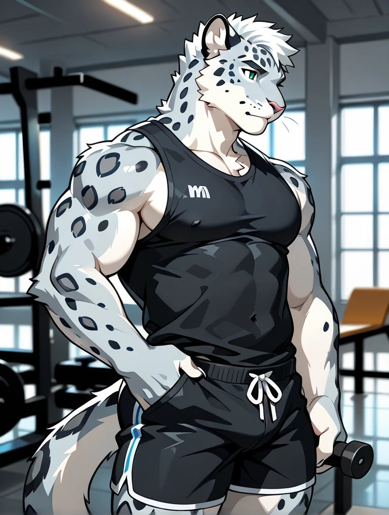 Kung Fu Panda cartoon, furry snow leopard Tai Lung, tall, slender, handsome, extremely beautiful face, muscular body, six pack abs, gentle look, shirtless, wears green cargo shorts, bare feet, sexy, hot, tall, slender, smile, in gym, showing his big biceps, selfie