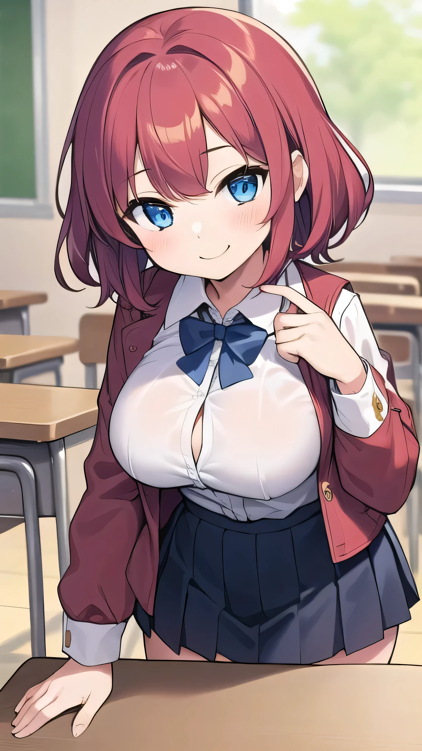 Big breasts, red hair, blue eyes, droopy eyes, red jacket, long sleeves, navy skirt, elementary school student, super big breasts, (medium hair: 1), baggy clothes, elementary school student, young face, short height, 10 years old, shy Agari, smiling a little, classroom, white shirt, soft hair，(topless :1.5), nipples are visible