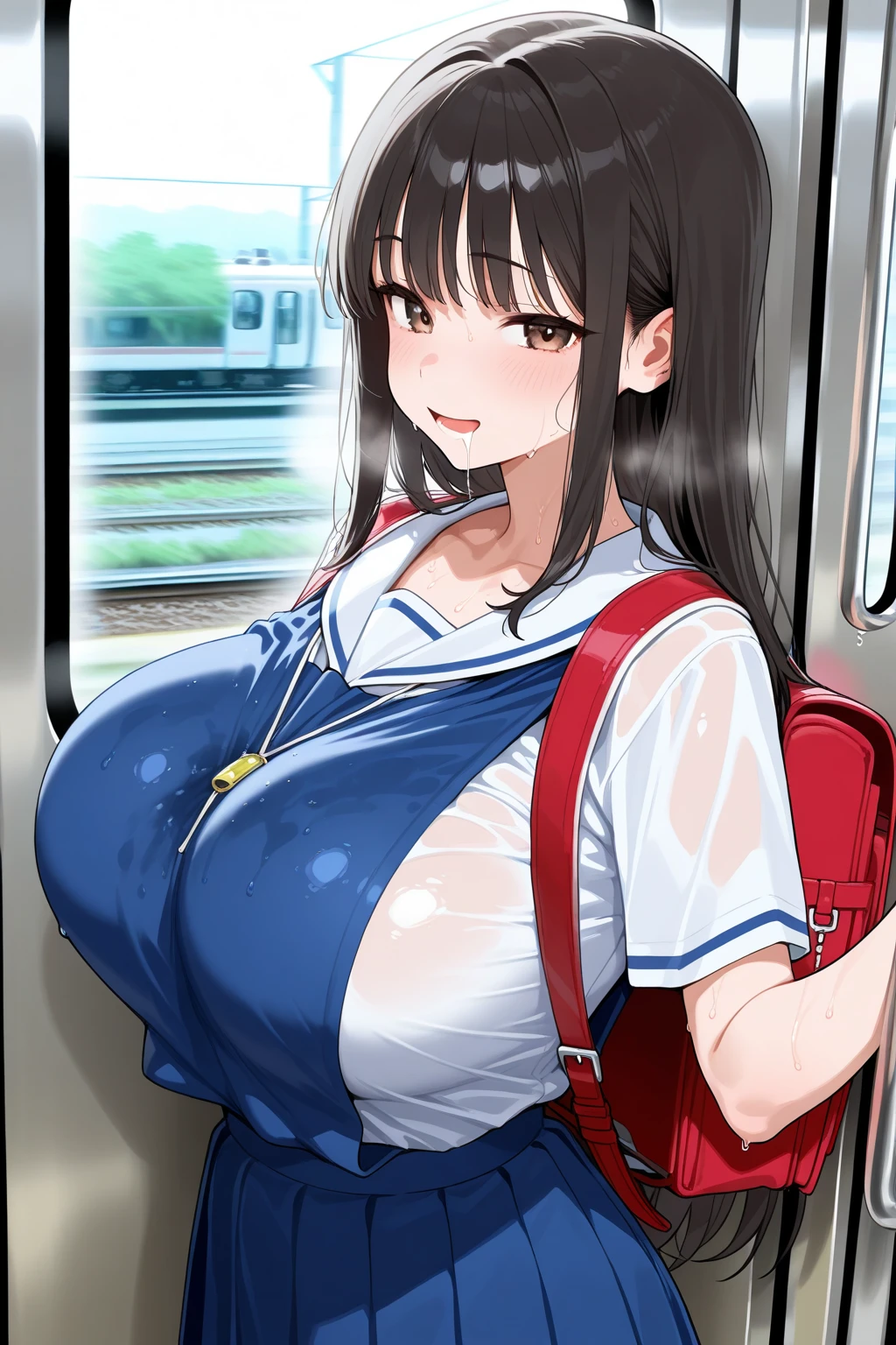 Score_9, score_8_up, score_7_up, score_6_up, score_5_up, score_4_up, source_anime, solo, 1girl, makeup, student, young female, sagging huge breasts, wide hips, thick thighs, huge areolae, areola slip, black areolae, earrings, earrings, fishnet thighhighs, standing in train, sideview, detailed eyes, looking at viewer, pov, crowded train, sailor uniform, sleeveless, bracelet, seductive smile, long fingernails, nail polish, collarbone, head tilt, hairy stomach hair, hairy armpit hair, bukkake cum shot, sperm, raper with big penis, Japanese, hentai,