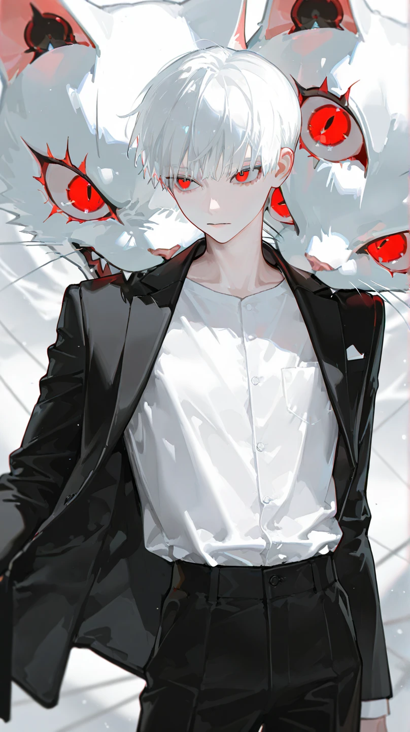 Photo of a handsome Asian man, sitting alone, White hair, red eye, daydreaming, look at the mission board, wearing black pants, white t-shirt with dragon image, fine quality, Good, photos taken by professional photographers