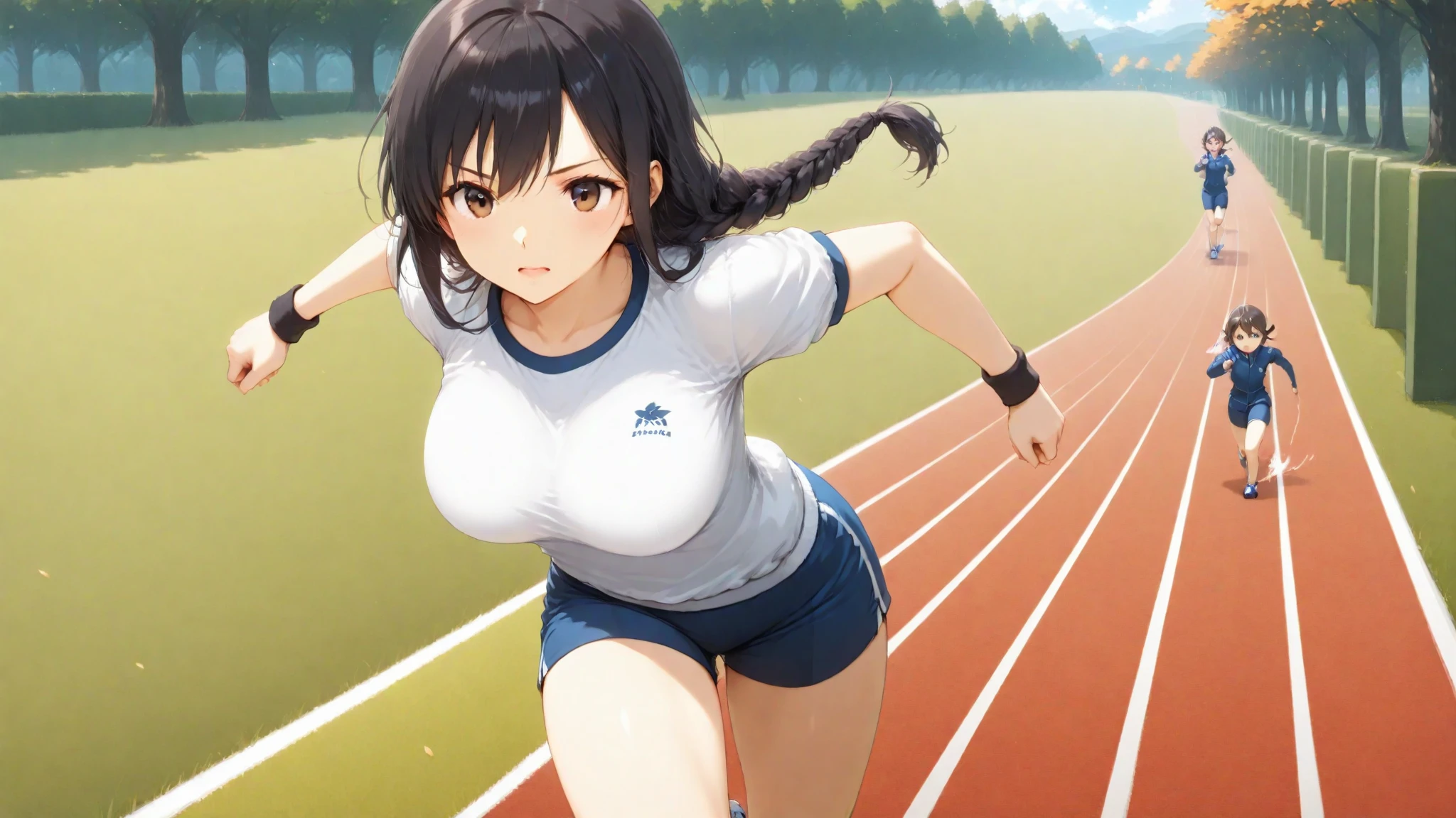 cutie girl, ultra detailed, dramatic angle,,
running, outdoors, pants, shoes, open mouth, shirt, track pants, long hair, tree, sneakers, looking at viewer, day, wet, white shirt, sky, short sleeves, breasts, wet clothes, 1girl, sweat, cloud, gym uniform, solo focus, blue sky, wet shirt, see-through, building, sweaty clothes, medium breasts, bangs,